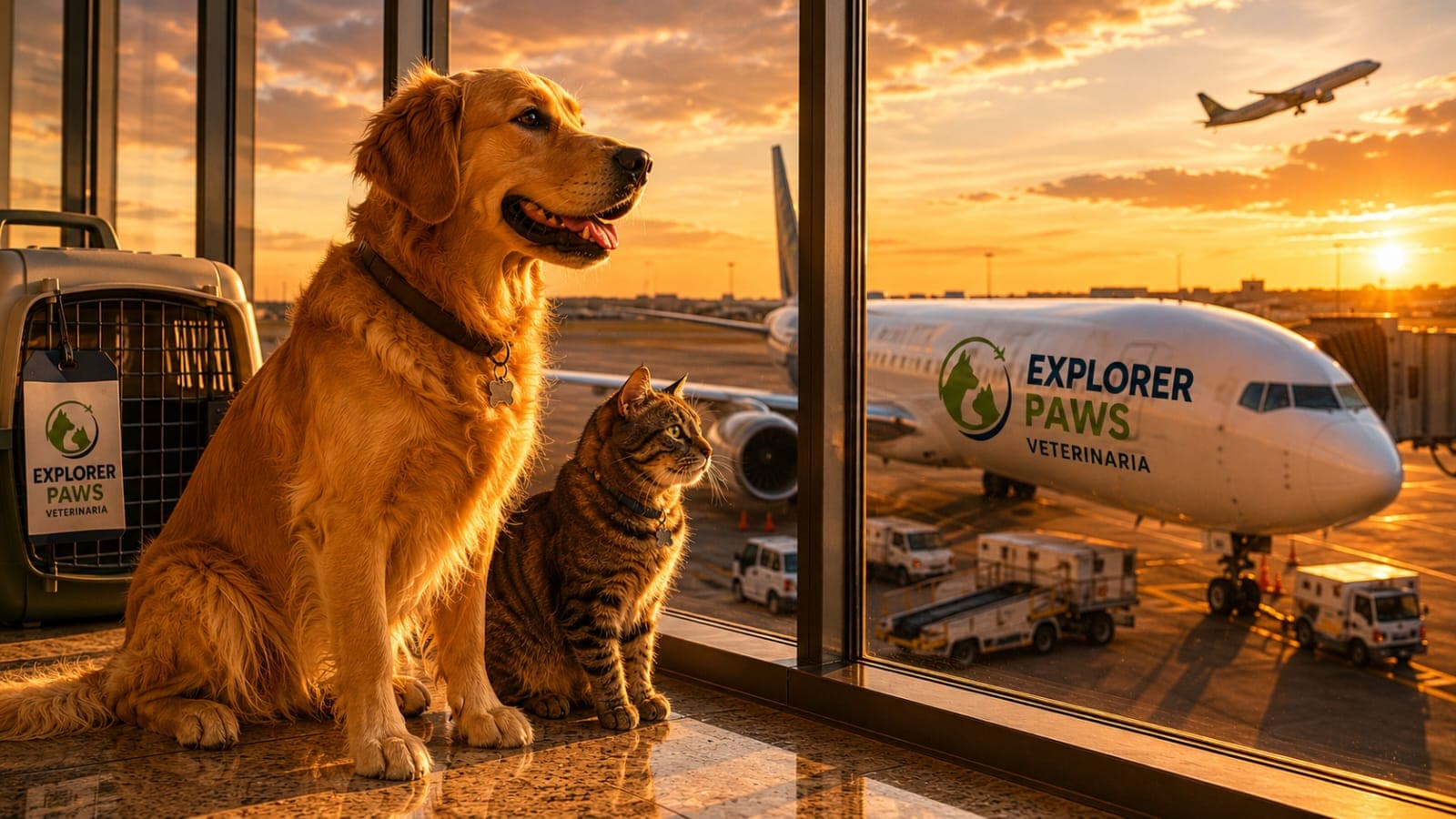 Aeropuerto al atardecer con mascotas listas para viajar